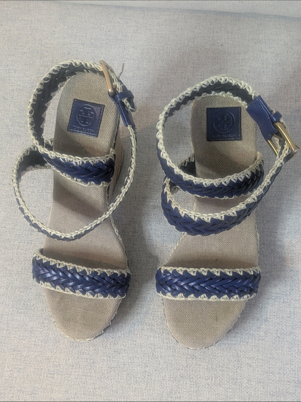 Tory Burch Navy Braided Espadrille Wedge Sandals Ankle Strap US 8.5     EU 39.5 - Picture 3 of 11